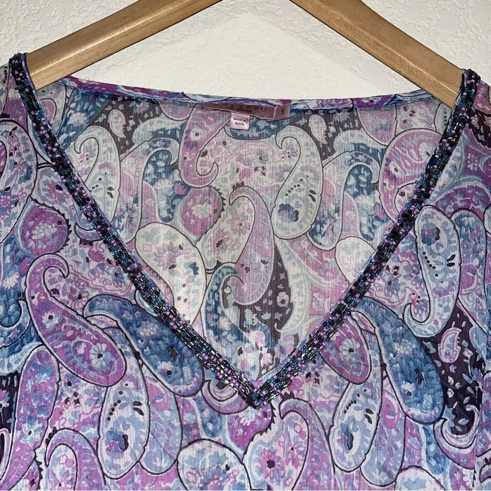 Calypso St. Barth 100% Silk Sheer Bead Boho Y2K Paisley Kimono Maxi Dress SZ 1 - Picture 4 of 15
